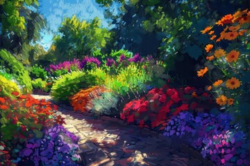 impressionistic digital painting of a lush colorful garden in full bloom