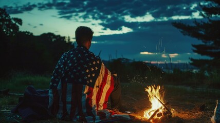 Person wrapped in flag sitting by campfire at sunset outdoors