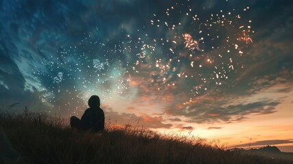 Fototapeta premium Person sits in field at dusk, vibrant sky illuminated by fireworks