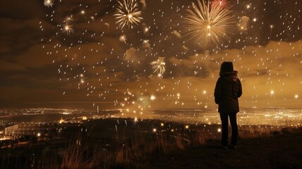 Fototapeta premium Person watching fireworks over city at night, standing on hill