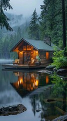 Fototapeta premium A serene lakeside cabin with a view of the water