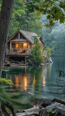 Fototapeta premium A serene lakeside cabin with a view of the water