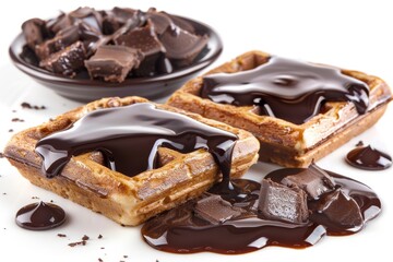 Chocolate waffle topped with melted chocolate and chocolate chunks, ideal for high resolution food photography and capturing a delectable dessert