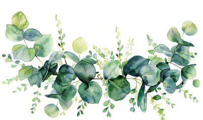 Watercolor painting of eucalyptus leaves on a white background. Suitable for botanical illustrations or nature-themed designs