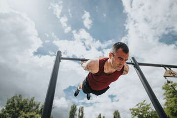 Dedicated athlete performs challenging exercises on pull-up bars under a blue sky in a public park,...