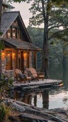 Obraz premium A serene lakeside cabin with a view of the water