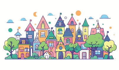 Colorful row whimsical fantasy houses surrounded lush green trees under sky dotted stars celestial bodies. Quaint village scene conveys magical, fairytale atmosphere array pastel colors, playful
