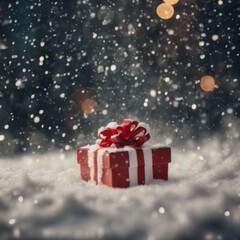 Obraz premium Snow Falls on a Gift for Christmas Background