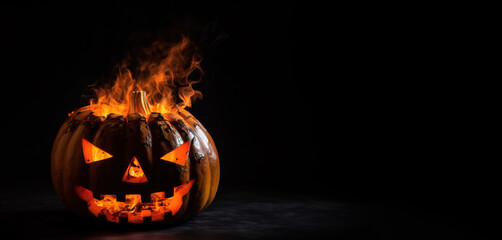 Halloween scary pumpkin on fire, black background, isolate. AI generated.