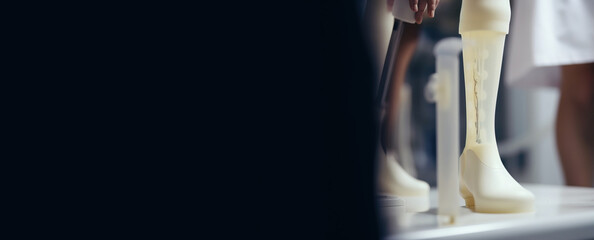 A disabled man at the doctor in the office measures the prosthesis for the leg. AI generated.