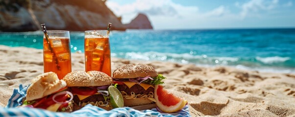 Fototapeta premium Beach picnic with sandwiches and drinks