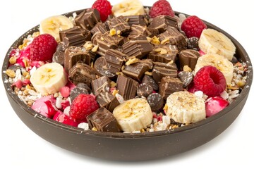 Fototapeta premium Nutritious breakfast bowl with granola, banana slices, raspberries, and chocolate pieces, in a modern kitchen setting with natural light and vibrant colors