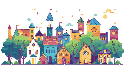 Colorful fantasy cityscape illustration vibrant hues flat design. Various whimsical buildings trees clouds cartoon style isolated white background. Storybook town magical vibrant architecture © Vectorvstocker
