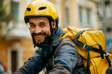 Fototapeta premium Food delivery. Rider carrying yellow box during the day in the city. Generative AI. 