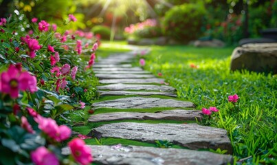 Blooming garden with a stone pathway