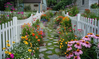 Obraz premium Blooming garden with a white picket fence