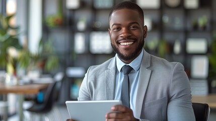 A financial advisor examines data on a tablet in a modern office