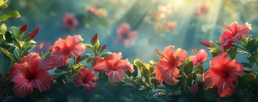 Blooming garden with hibiscus flowers