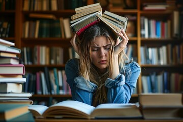 Overwhelmed young woman balancing stack of books on her head in a library