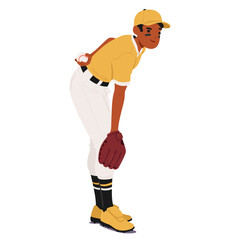 Focused Baseball Pitcher In Yellow Jersey And White Pants Holding A Ball. Athlete Is Poised, Showing Determination