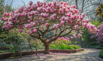 Blossoming magnolia trees in a garden