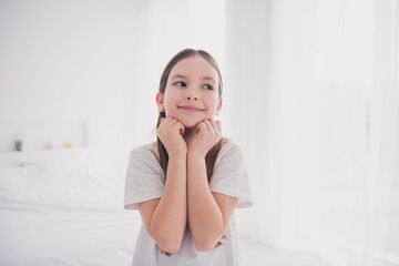 Fototapeta premium Portrait of cute adorable pretty girl cozy flat white light room interior indoors
