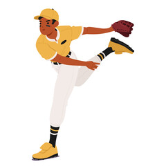 Baseball Player In Mid-pitching Action. Player In Yellow Uniform With Focused Expression, Conveying Athleticism