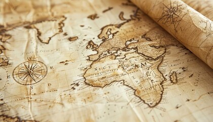 Fototapeta premium Antique map with detailed illustrations, sepia tones, vintage style, historical art
