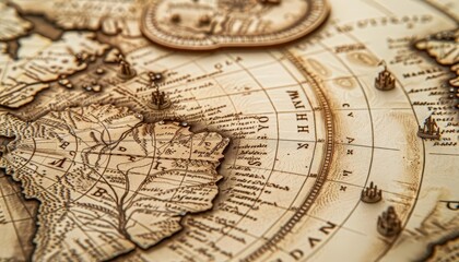 Antique map with detailed illustrations, sepia tones, vintage style, historical art