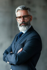 Fototapeta premium A middle-aged man with a neatly trimmed beard and glasses in a sharp suit