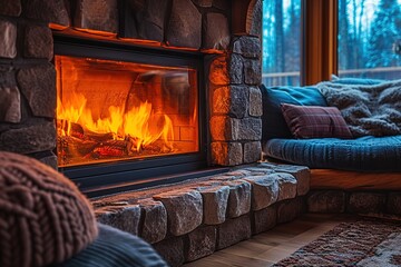 Stone,fireplace,living,room,next,couch,fire,natural,phenomena,flames,indoor,heat,temperature,home,interior,burning,brick,firewood