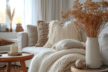 Stylish interior of living room at fancy home with design sofa, side table, dried flowers, pillow, carpet decor and personal accessories in modern home decor