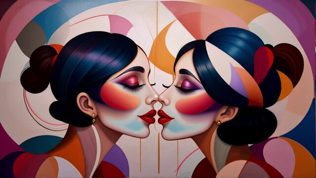 Two lesbian girls look at each other and kiss each other on the lips. Abstract animation of two women kissing in seamless loop.