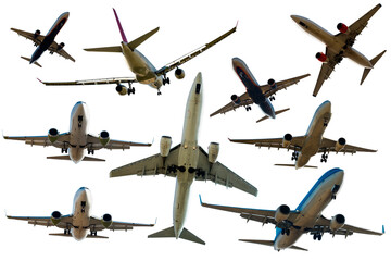 Airliners in motion set, isolated on white background