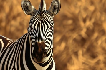 Naklejka premium Close-up of a zebra's head with striking patterns against a warm, blurred savannah backdrop