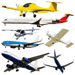 Collection of civil passenger aircrafts isolated on white background..