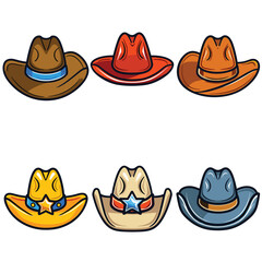 Colorful cowboy hats vector illustration isolated white background. Assorted cowboy hats showing variety colors designs, western theme headwear graphic. Cartoon style hats, fashion accessories