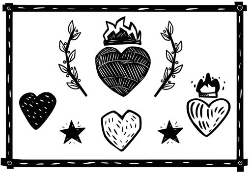 recommend clip art: Various heart styles, hatched heart, heart with fire. woodcut style