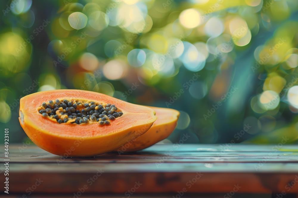 Wall mural a close-up of a ripe papaya cut in half, revealing its vibrant orange flesh and black seeds, placed 