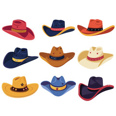 Collection diverse cowboy hats vector illustration isolated white background. Colorful western hats design variety, fashion accessories cowboy costume. Cartoon style hats, different shapes