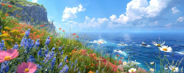 Coastal cliffs with wildflowers in bloom