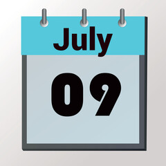 vector calendar page with date July 9, light colors