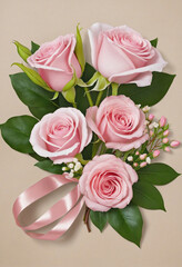Fototapeta premium Beautiful clip art of a pink rose and alstroemeria flower bouquet in a brown craft paper cornet with silk ribbon, isolated on a white background