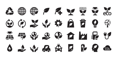 Set Of Black And White Vector Ecology Icons Representing Environmental Concepts Such As Recycling, Renewable Energy