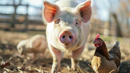 Image of an adorable farm pig and hen