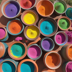 Colorful clay bowl filled with vibrant holi powder for a festive celebration isolated on a transparent background
