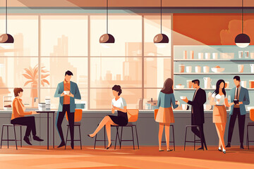 Modern Office Breakroom With City View And Coworkers Enjoying Coffee