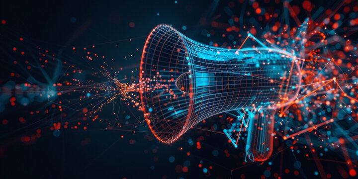 Digital megaphone made of glowing blue and red data points, symbolizing online marketing advertising
