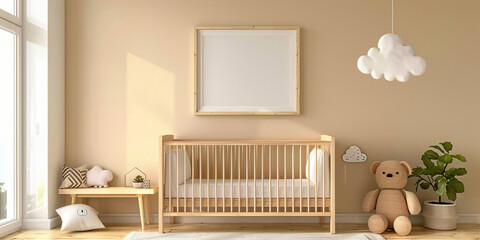 A simple and clean wooden baby crib with teddy bear toys on the side, in light beige tones, with an empty wall frame above it