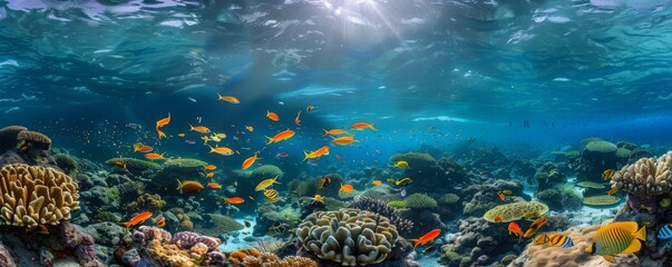 Coral reef teeming with colorful fish in clear water